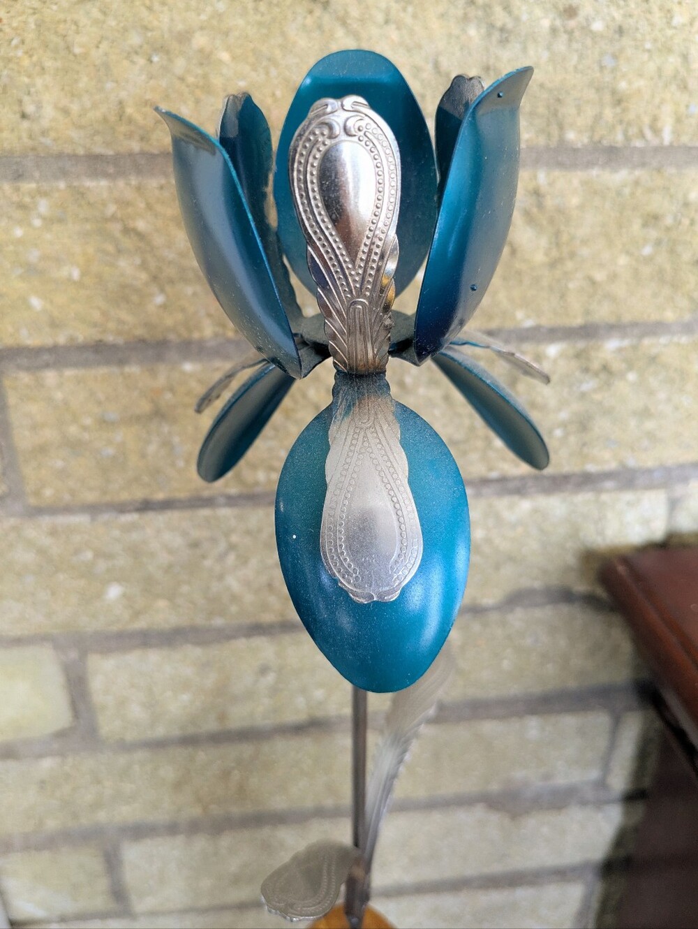 Handcrafted Metal Flower Upcycled Spoon Iris on Wood Base